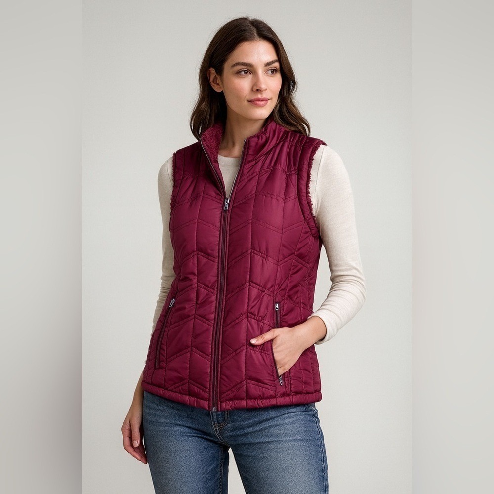Burgundy‎ Sherpa Lined Puffer Vest Cozy Quilted Utility Layer